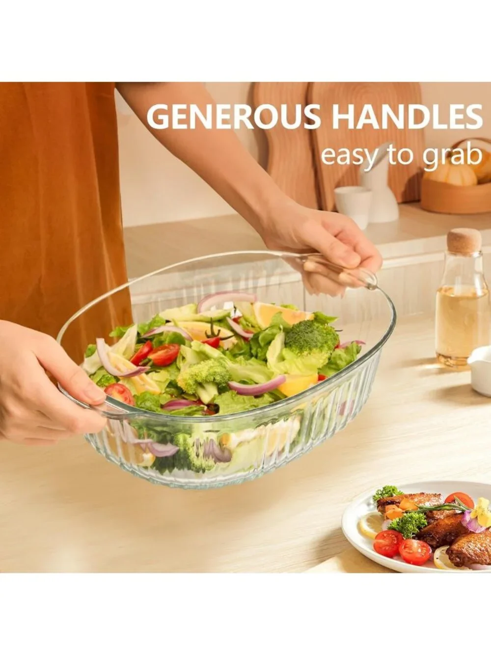 2.8L Glass Casserole Dish with Lid - Ribbed Oval Baking Dish for Oven